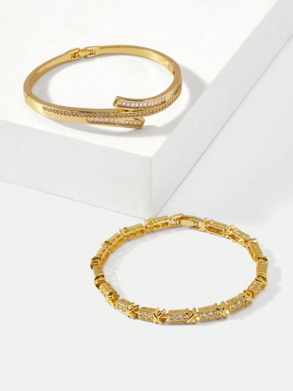 Gold Baguette Crystal Bangle & Tennis Bracelet Set